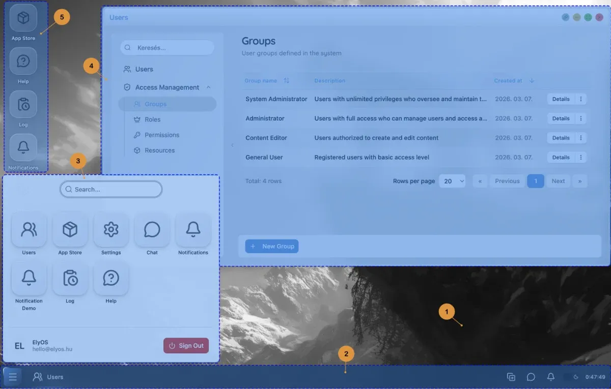 Placeholder: ElyOS desktop environment structure - desktop, taskbar, and start menu highlighted