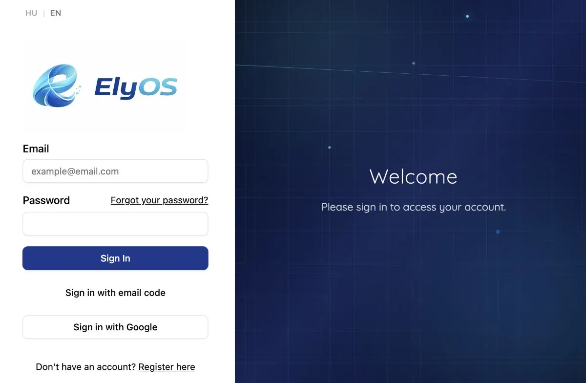 Placeholder: Login screen with email/password fields, email code option, and Google login button