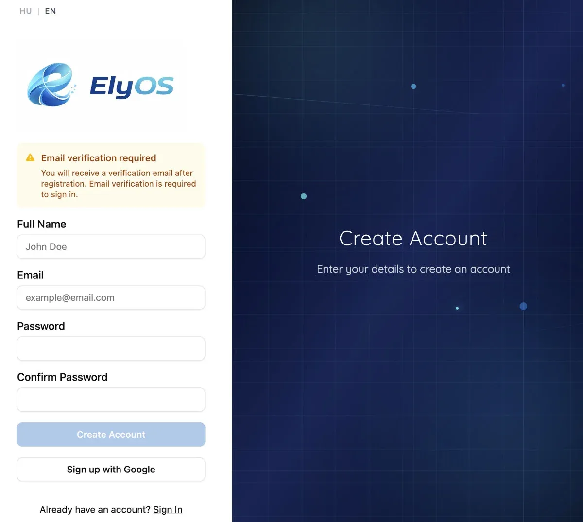 Placeholder: Registration screen with email and password fields
