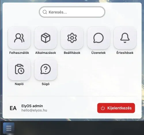 Placeholder: Indító panel rács nézetben megnyitott alkalmazásokkal